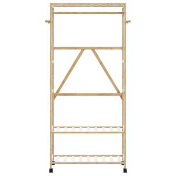 Bamboo Clothes Rack with Shelves & Wheels - 90x40x179.5 cm