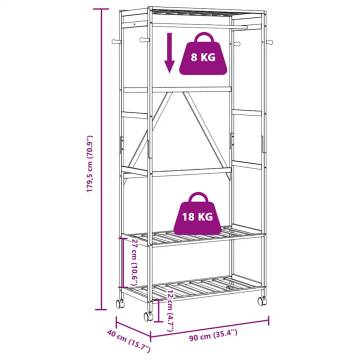 Bamboo Clothes Rack with Shelves & Wheels - 90x40x179.5 cm