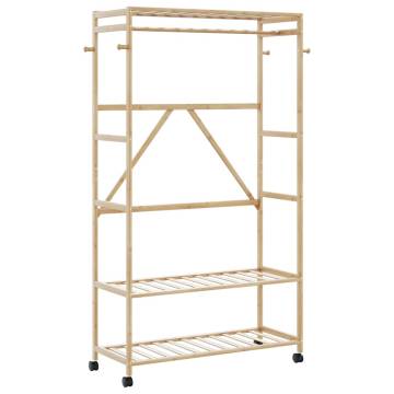 Bamboo Clothes Rack with Shelves & Wheels - 110x40x180 cm