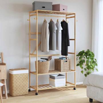 Bamboo Clothes Rack with Shelves & Wheels - 110x40x180 cm