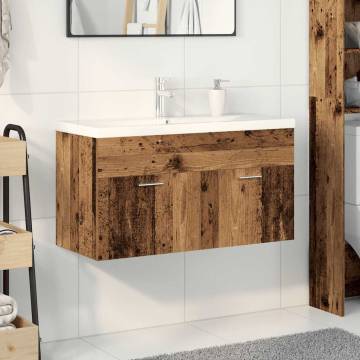 Stylish Sink Cabinet with Built-in Basin - Old Wood Finish