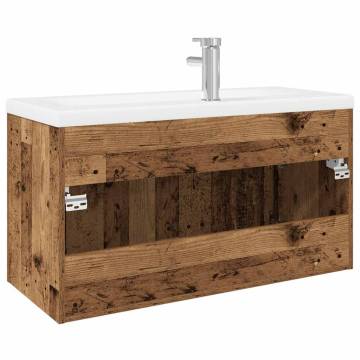 Stylish Sink Cabinet with Built-in Basin - Old Wood Finish