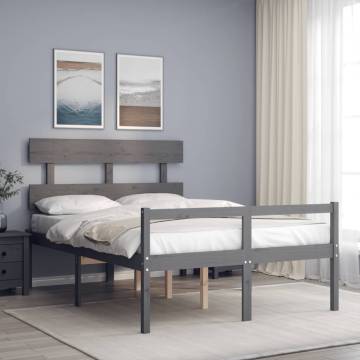 Grey Double Bed Frame with Headboard - Solid Pine Wood