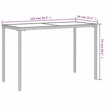 Garden Table with Glass Top - Grey Poly Rattan | 115x54x74 cm