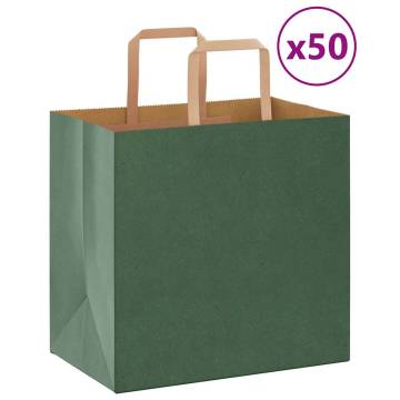 Eco-Friendly Green Paper Bags with Handles - 50 pcs