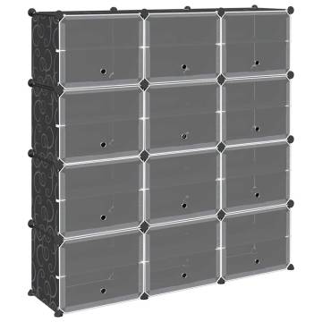 Storage Cube Organiser with 12 Cubes & Doors - Black PP