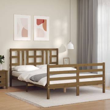 Honey Brown King Size Bed Frame with Headboard - Solid Wood