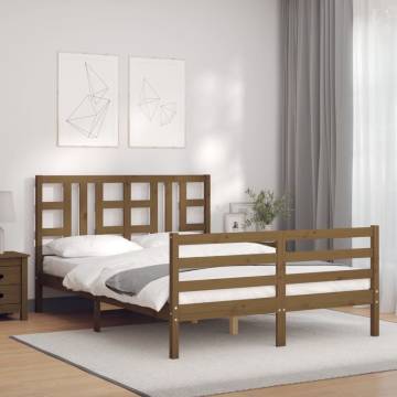 Honey Brown King Size Bed Frame with Headboard - Solid Wood