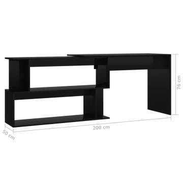 Corner Desk High Gloss Black - 200x50x76 cm | Hipo Market