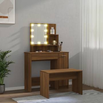 Stylish Dressing Table Set with LED in Brown Oak - HipoMarket