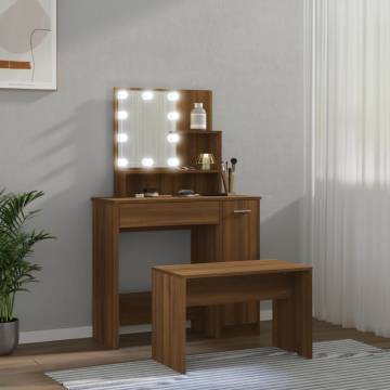 Stylish Dressing Table Set with LED in Brown Oak - HipoMarket