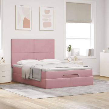 Elegant Pink Ottoman Bed with Mattresses - 140x200cm Velvet