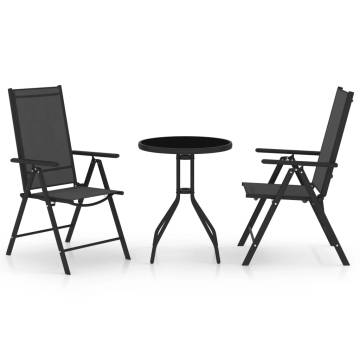 Stylish 3 Piece Bistro Set - Aluminium & Textilene - Black