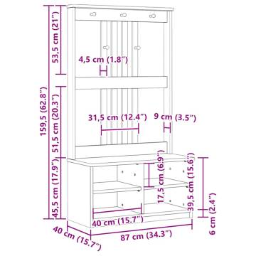 Hall Tree SANDENS 87x40 cm - Solid Pine Wood Storage Solution