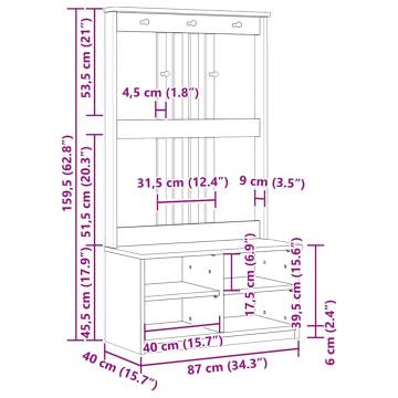 Hall Tree SANDENS White - Solid Wood Pine Storage Unit