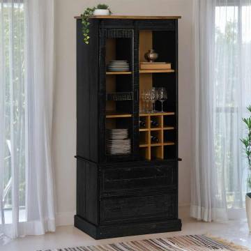 Wine Cabinet HALDEN - Black Pine with Wine Racks & Sliding Door