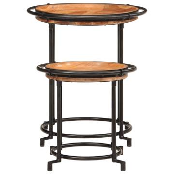 2 Piece Side Table Set - Solid Acacia Wood & Iron