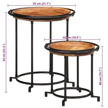 2 Piece Side Table Set - Solid Acacia Wood & Iron