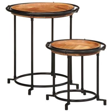 2 Piece Side Table Set - Solid Acacia Wood & Iron