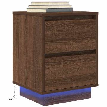 Stylish Brown Oak Bedside Cabinet with LED Lights - 38x34 cm