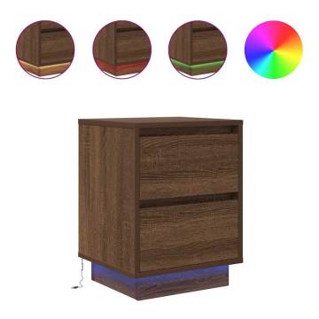 Stylish Brown Oak Bedside Cabinet with LED Lights - 38x34 cm