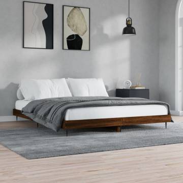 Brown Oak Bed Frame 140x200 cm - Engineered Wood & Metal Legs