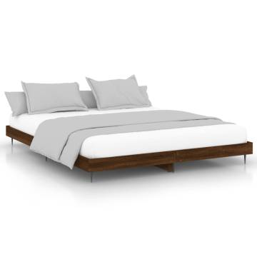 Brown Oak Bed Frame 140x200 cm - Engineered Wood & Metal Legs