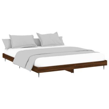 Brown Oak Bed Frame 140x200 cm - Engineered Wood & Metal Legs