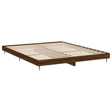 Brown Oak Bed Frame 140x200 cm - Engineered Wood & Metal Legs