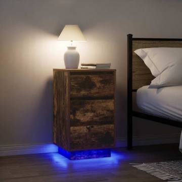 Stylish Smoked Oak Bedside Cabinet with LED Lights - 38x34x65 cm