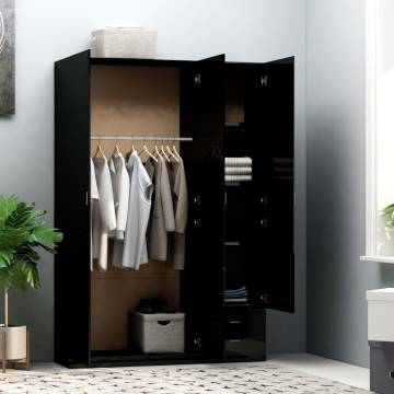 Spacious 3-Door High Gloss Black Wardrobe - 120x50x180 cm