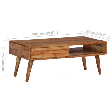 Rustic Solid Wood Coffee Table with Carved Drawer - 100x50 cm