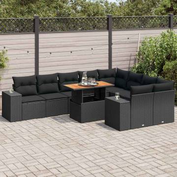 10 Piece Garden Sofa Set with Cushions - Black Poly Rattan