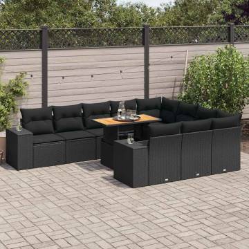 10 Piece Garden Sofa Set with Cushions - Black Poly Rattan