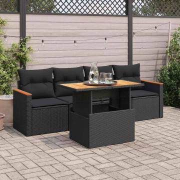 5 Piece Garden Sofa Set - Black Poly Rattan with Cushions