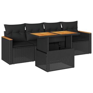 5 Piece Garden Sofa Set - Black Poly Rattan with Cushions