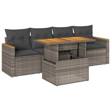 5 Piece Garden Sofa Set with Cushions - Grey Poly Rattan