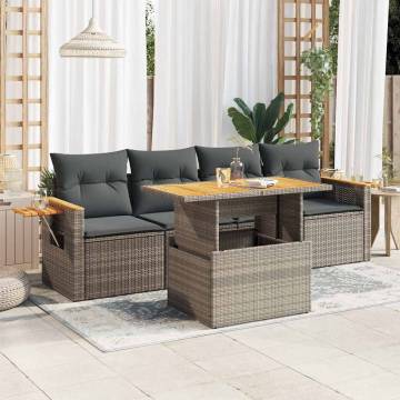 5 Piece Garden Sofa Set with Cushions - Grey Poly Rattan