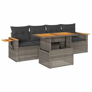 5 Piece Garden Sofa Set with Cushions - Grey Poly Rattan