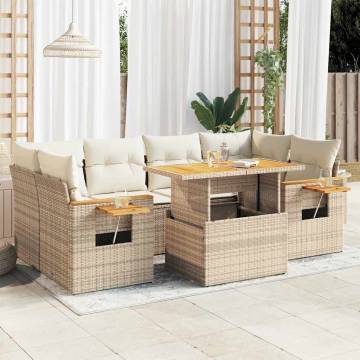 7 Piece Garden Sofa Set with Cushions - Beige Poly Rattan