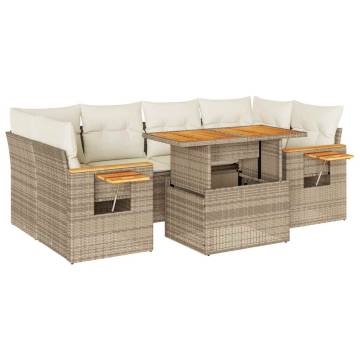 7 Piece Garden Sofa Set with Cushions - Beige Poly Rattan