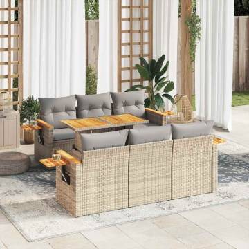 7 Piece Garden Sofa Set with Cushions - Beige Poly Rattan