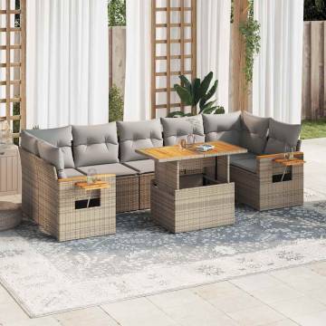 8 Piece Beige Garden Sofa Set with Cushions - Poly Rattan