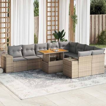 10 Piece Garden Sofa Set with Cushions - Beige Poly Rattan