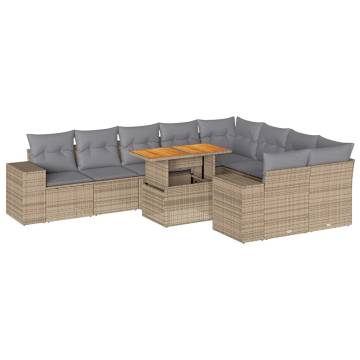 10 Piece Garden Sofa Set with Cushions - Beige Poly Rattan