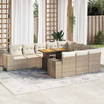 10 Piece Garden Sofa Set with Cushions - Beige Poly Rattan