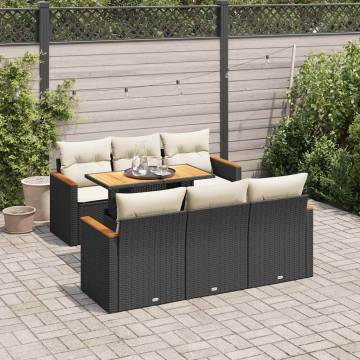 7 Piece Garden Sofa Set with Cushions - Black Poly Rattan