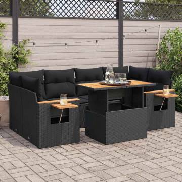 7 Piece Black Poly Rattan Garden Sofa Set with Cushions