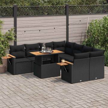 9 Piece Black Poly Rattan Garden Sofa Set with Cushions