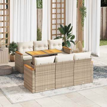 7 Piece Beige Garden Sofa Set with Cushions - Poly Rattan